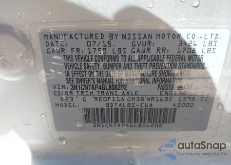 2016 Nissan Versa 1.6 Sv from USA, damaged, VIN 3N1CN7AP4GL806202